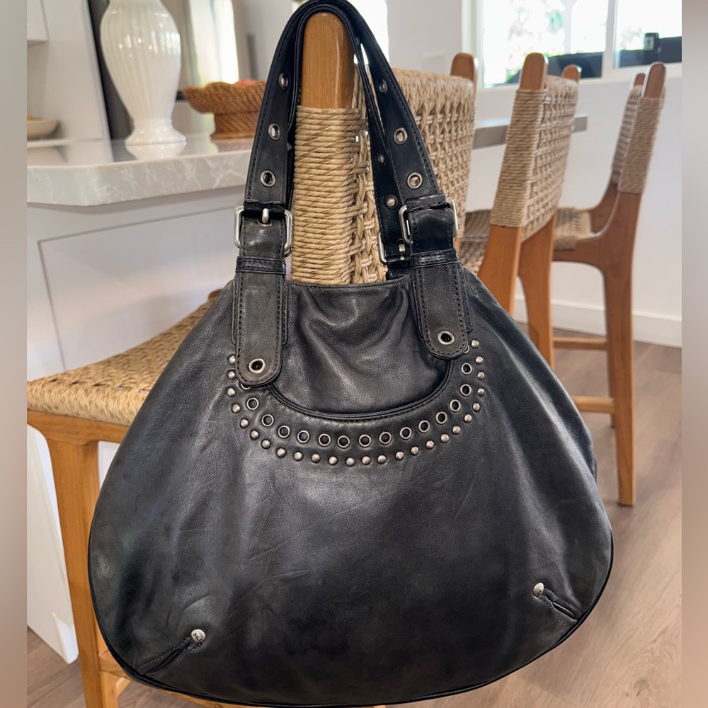Y2K Marc Jacobs Smooth Black Leather Studded Hobo Slouchy Shoulder Bag Purse